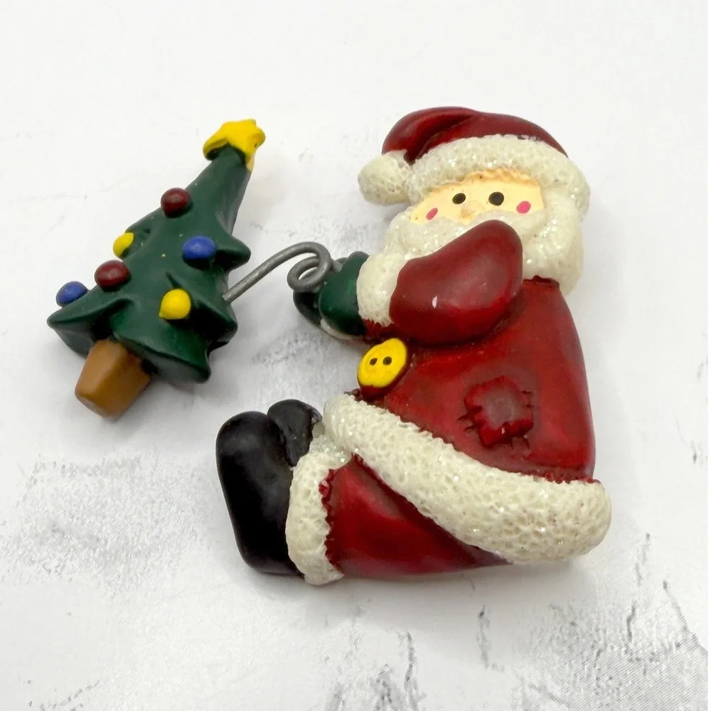Vintage Style Santa‎ Claus Christmas Tree Brooch Enamel Holiday Pin